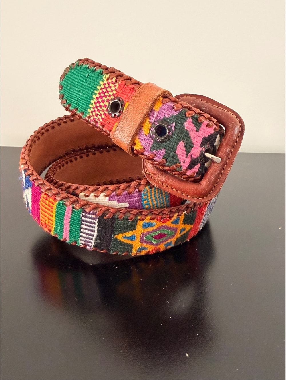 Handwoven Multicolor Textile and Leather Belt